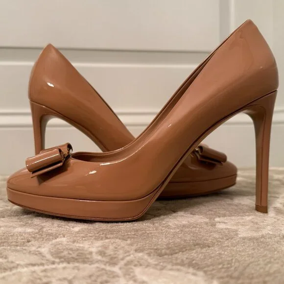 Indulge in Salvatore Ferragamo Patent Leather Bow Stiletto Heels, New Blush, 8B - Picture 2 of 15